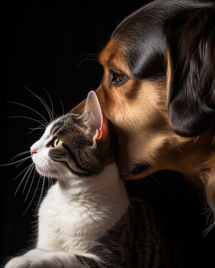 Un perro y un gato acurrucados, mejilla con mejilla